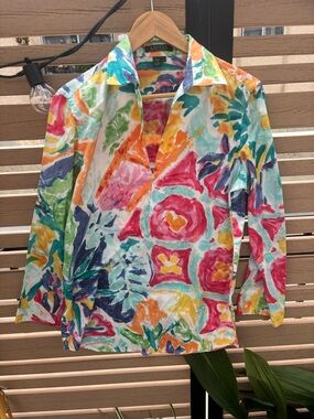 Ralph Lauren 100% Cotton Watercolor Floral Button-Up Top